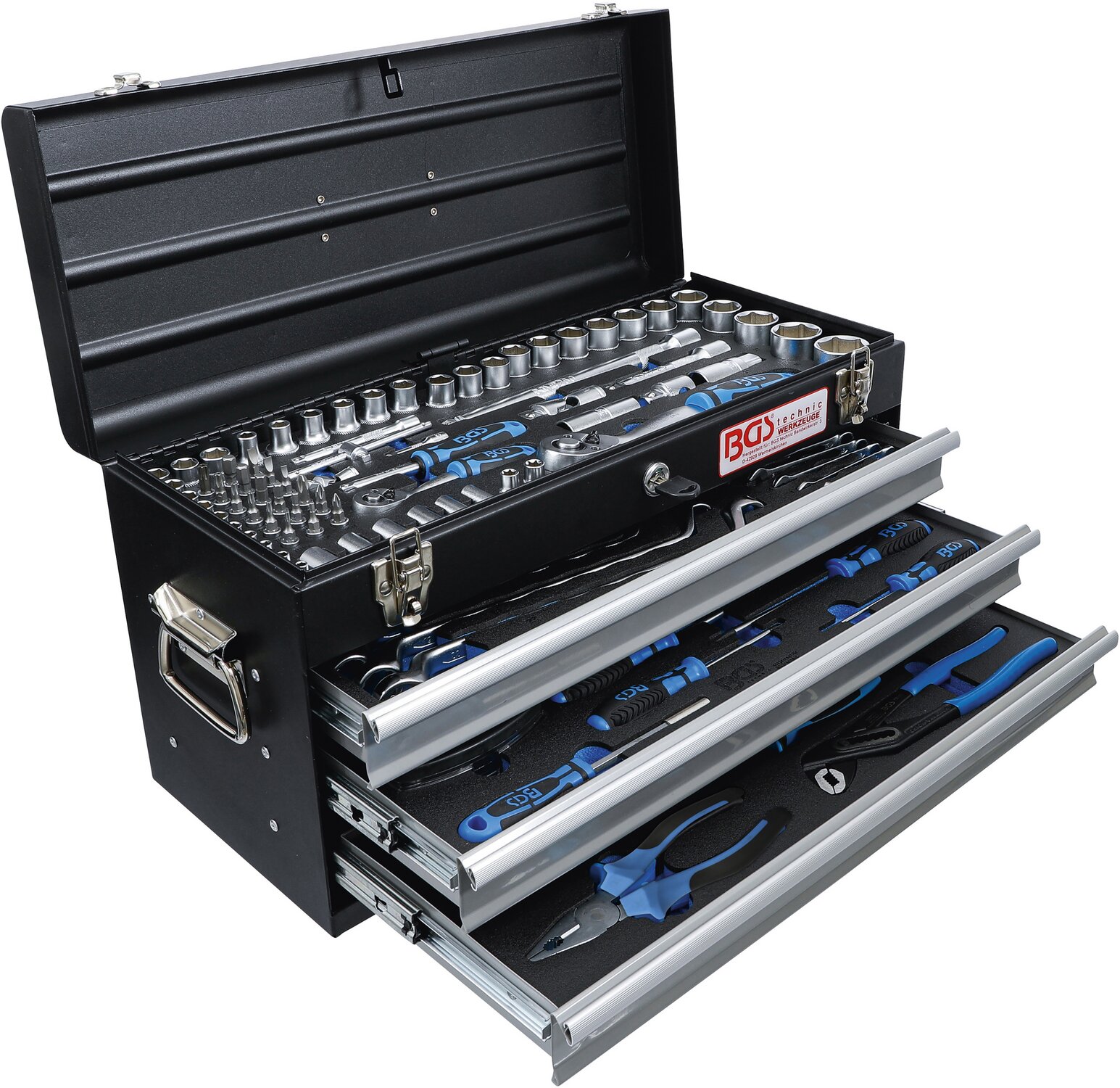 Caisse à outils métallique BGS 3 tiroirs avec 143 outils