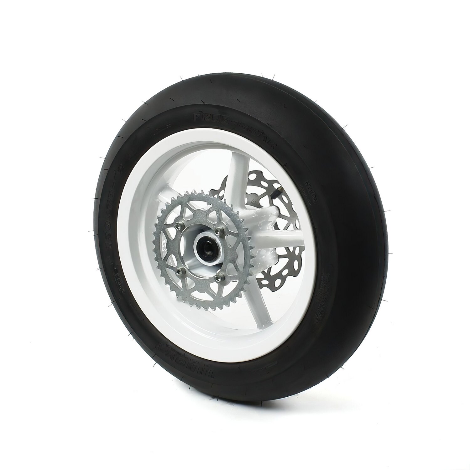 Roue arrière d.15mm - 12'' avec pneu Supermotard Pit Bike / Dirt Bike Blanche