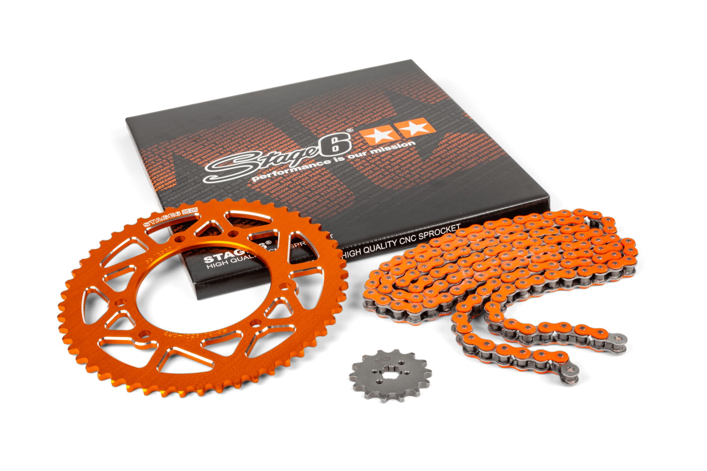 Kit chaîne 14x53 - 420 Stage6 alu CNC Orange Derbi DRD Pro