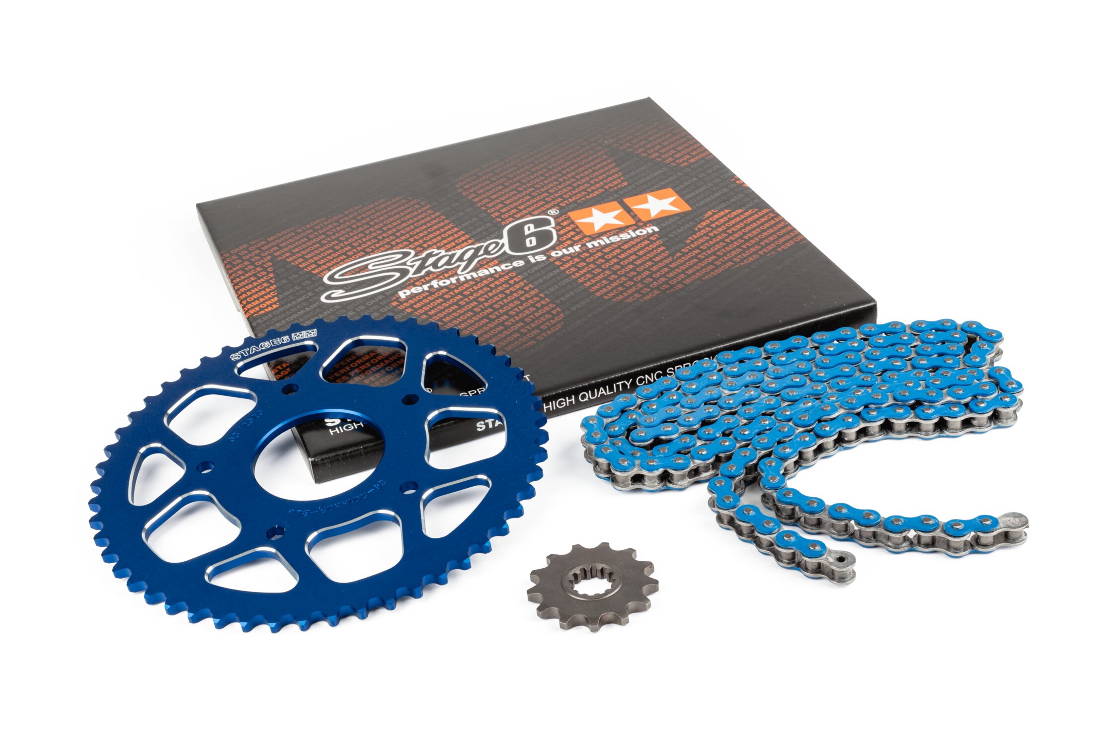 Kit chaîne 13x53 - 420 Stage6 alu CNC Bleu Peugeot / Rieju