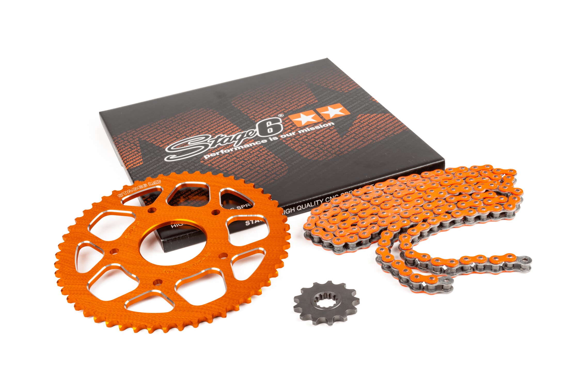 Kit chaîne 14x53 - 420 Stage6 alu CNC Orange Peugeot / Rieju