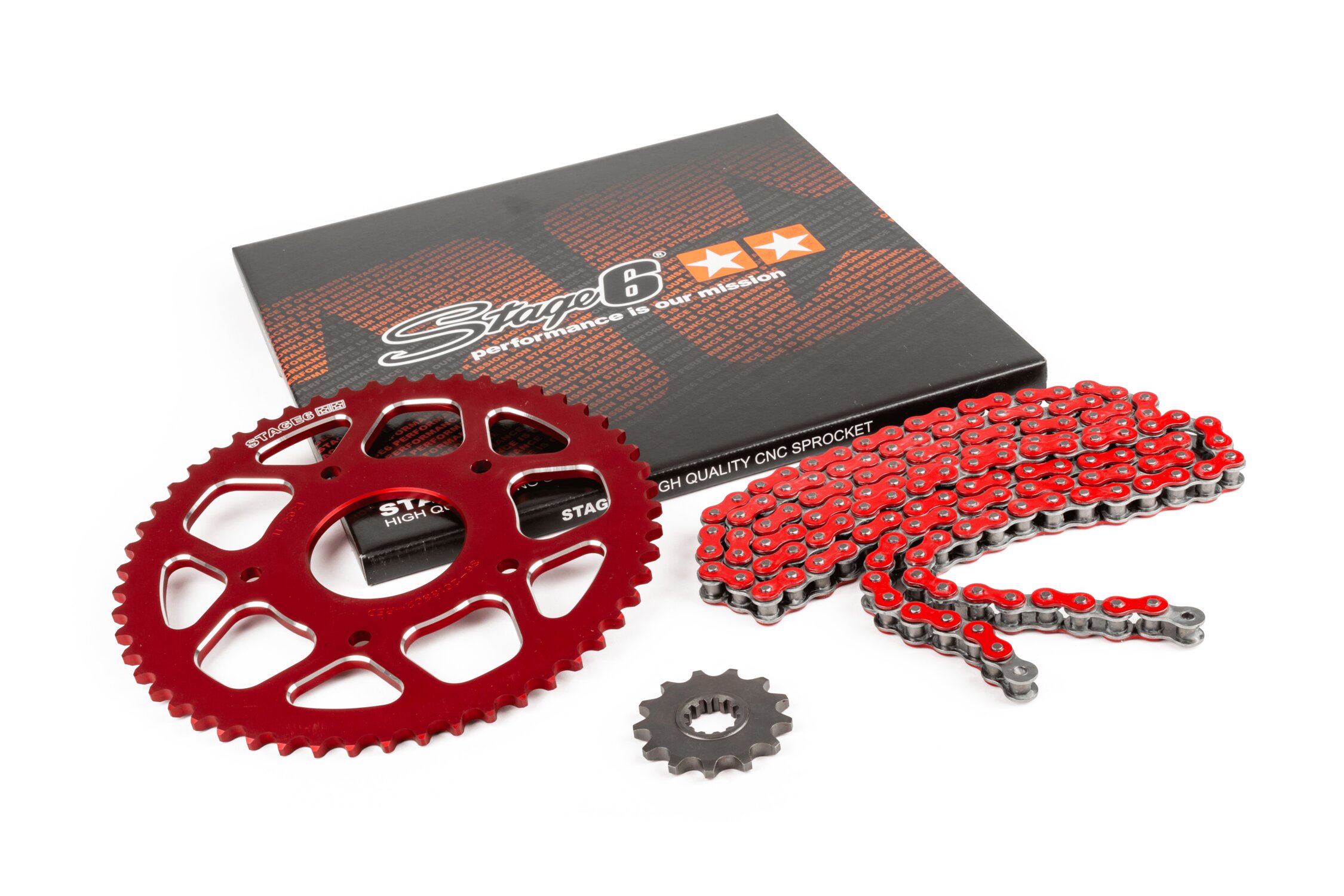 Kit chaîne 14x53 - 420 Stage6 alu CNC Rouge Peugeot / Rieju