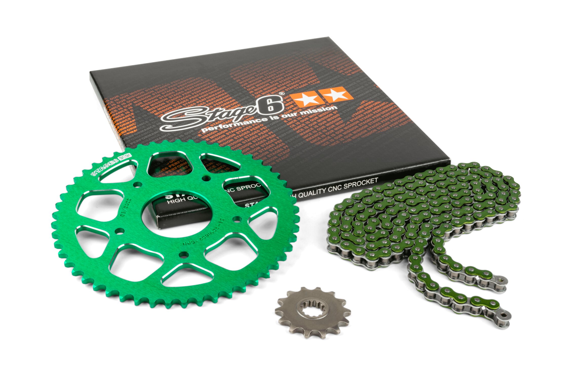 Kit chaîne 14x53 - 420 Stage6 alu CNC Vert Peugeot / Rieju