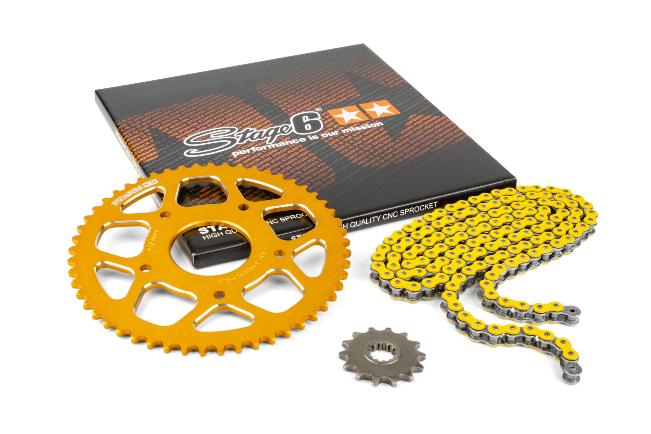 Kit chaîne 14x53 - 420 Stage6 alu CNC Jaune Peugeot / Rieju