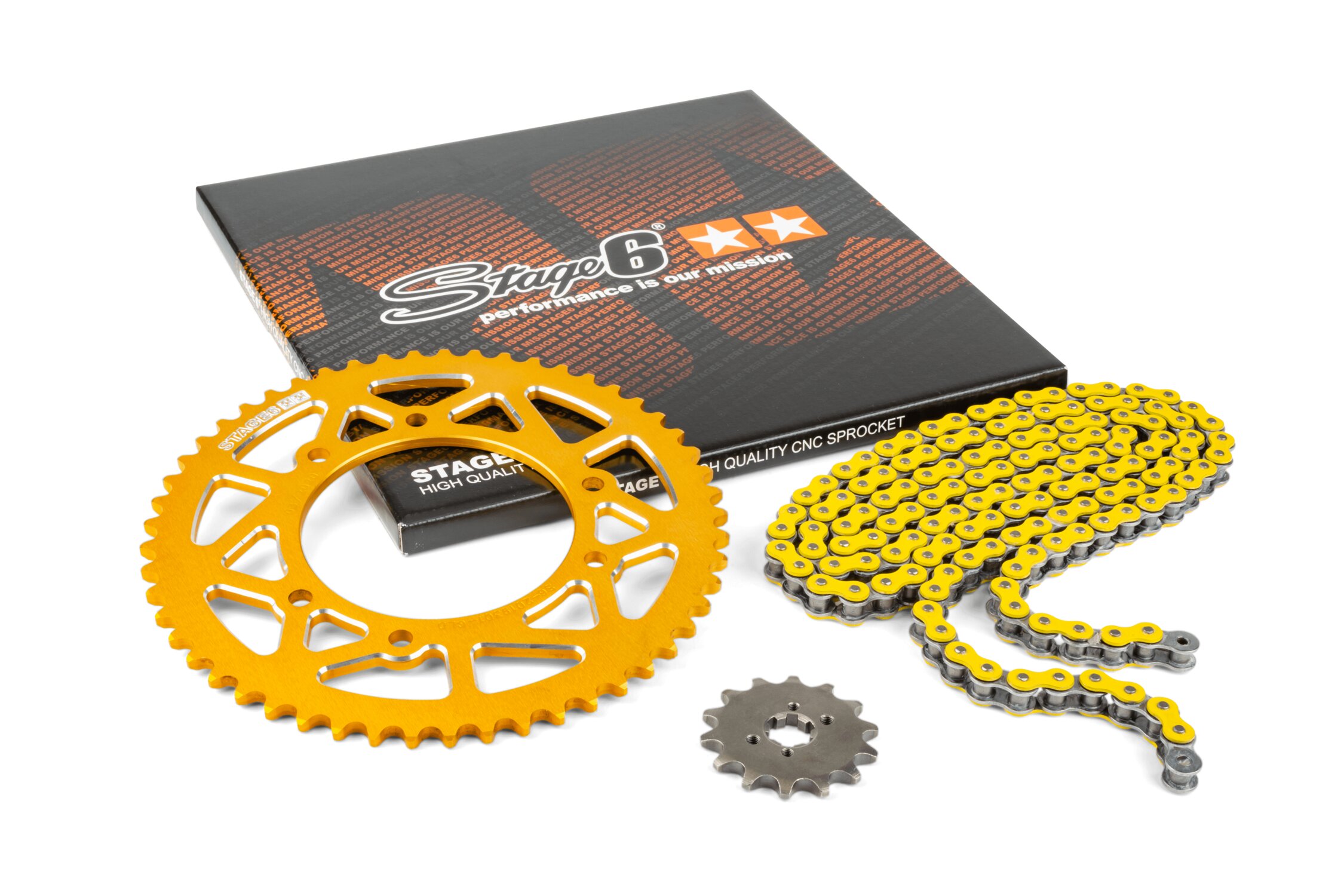 Kit chaîne 14x53 - 420 Stage6 alu CNC Jaune Derbi DRD Pro