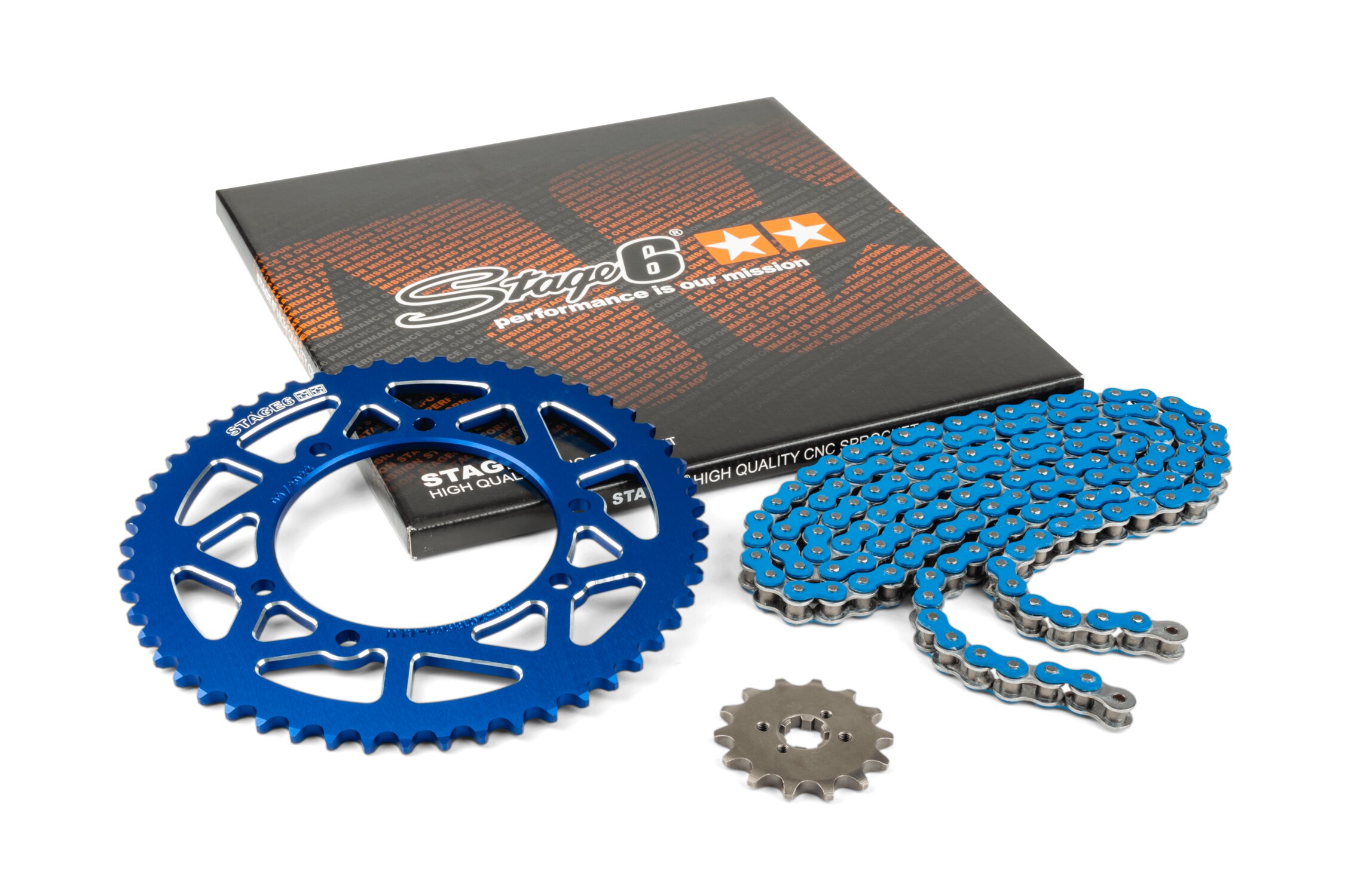 Kit chaîne 14x53 - 420 Stage6 alu CNC Bleu Derbi Senda X-treme