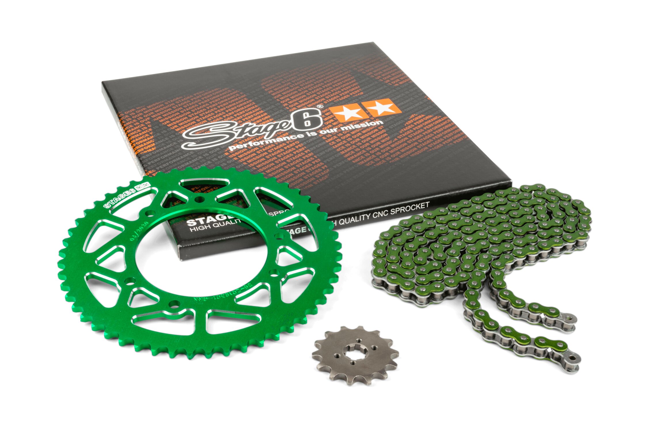 Kit chaîne 13x53 - 420 Stage6 alu CNC Vert Derbi DRD Pro