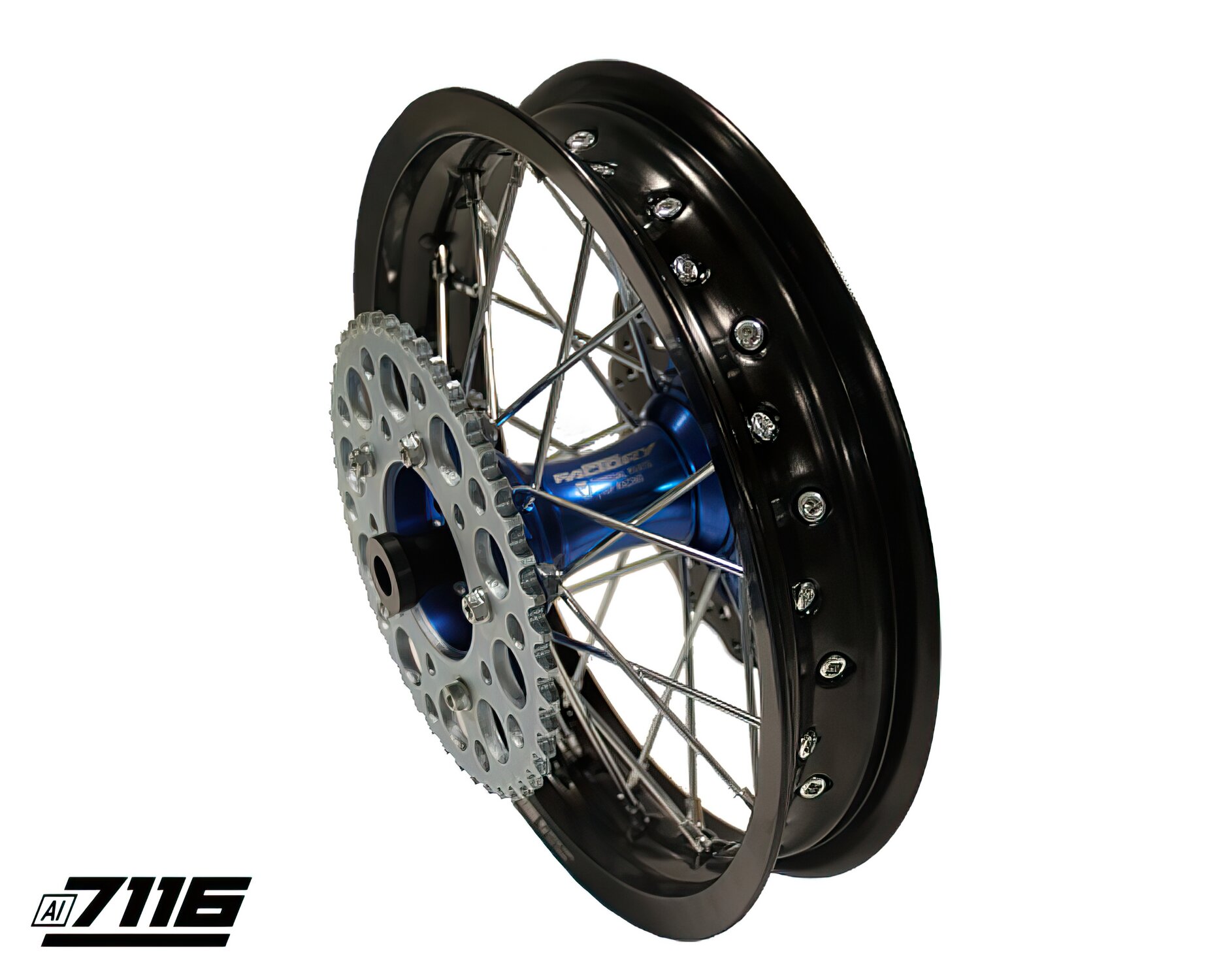 Roue Ar. alu 1.85x12" - moyeu CNC bleu avec disque et couronne YCF Factory Pit Bike