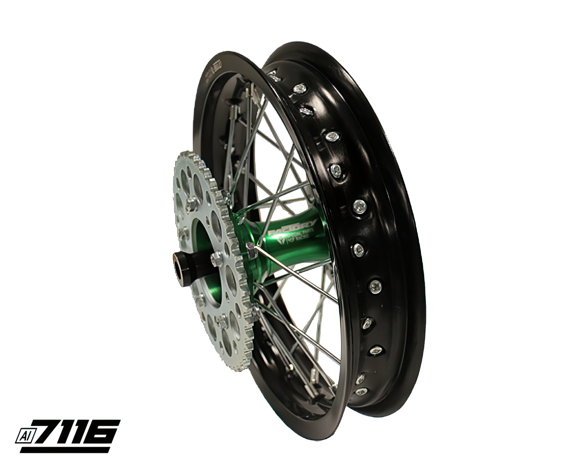 Roue Ar. alu 1.85x12" - moyeu CNC vert avec disque et couronne YCF Factory Pit Bike