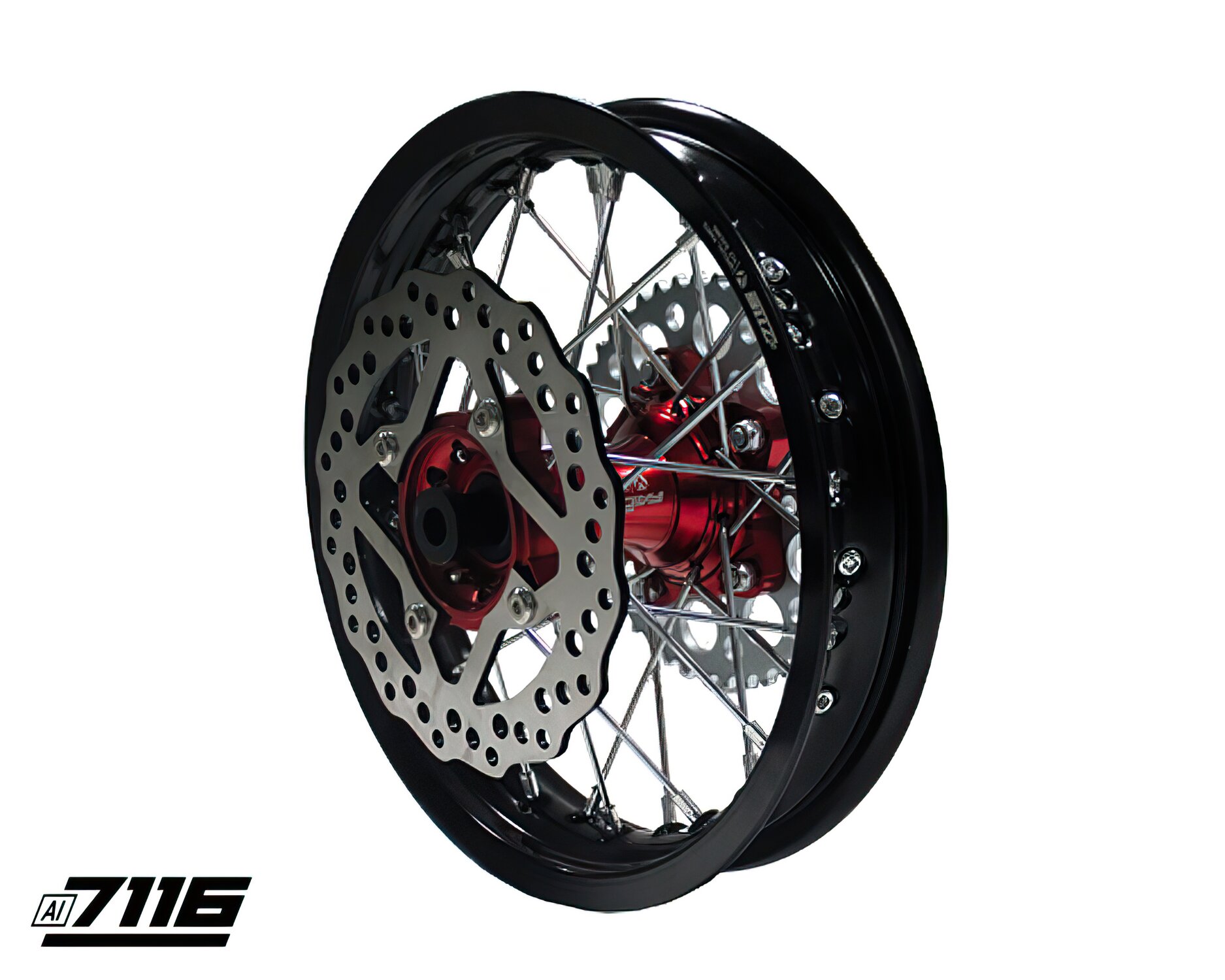 Roue Ar. alu 1.85x12" - moyeu CNC rouge avec disque et couronne YCF Factory Pit Bike