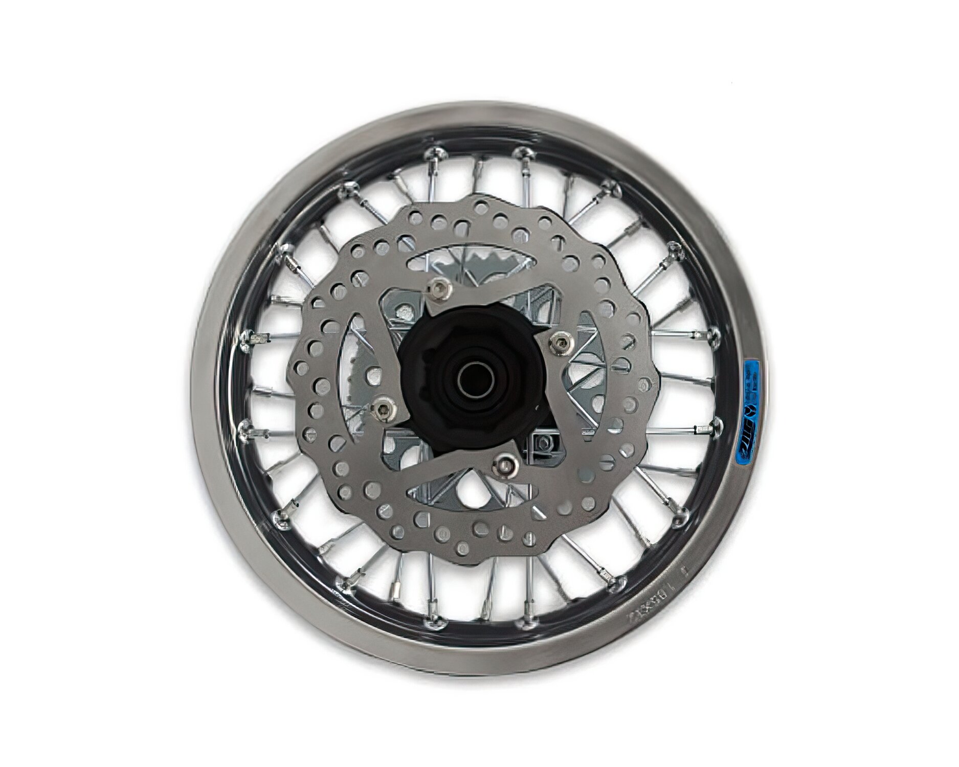 Roue Ar. alu 1.85x12" - moyeu CNC noir / jante silver avec disque / couronne YCF Factory Pit Bike