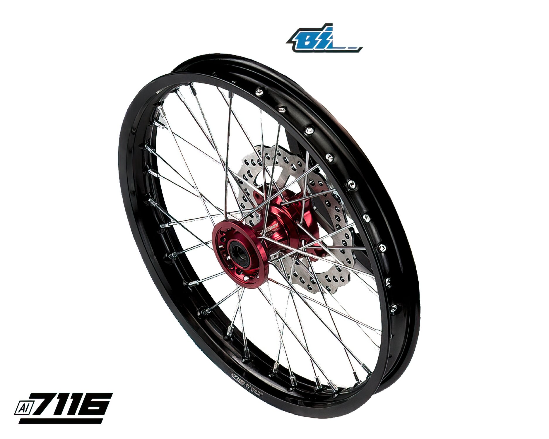 Roue Ar. alu 1.85x14" - moyeu CNC rouge avec disque et couronne YCF Factory Pit Bike