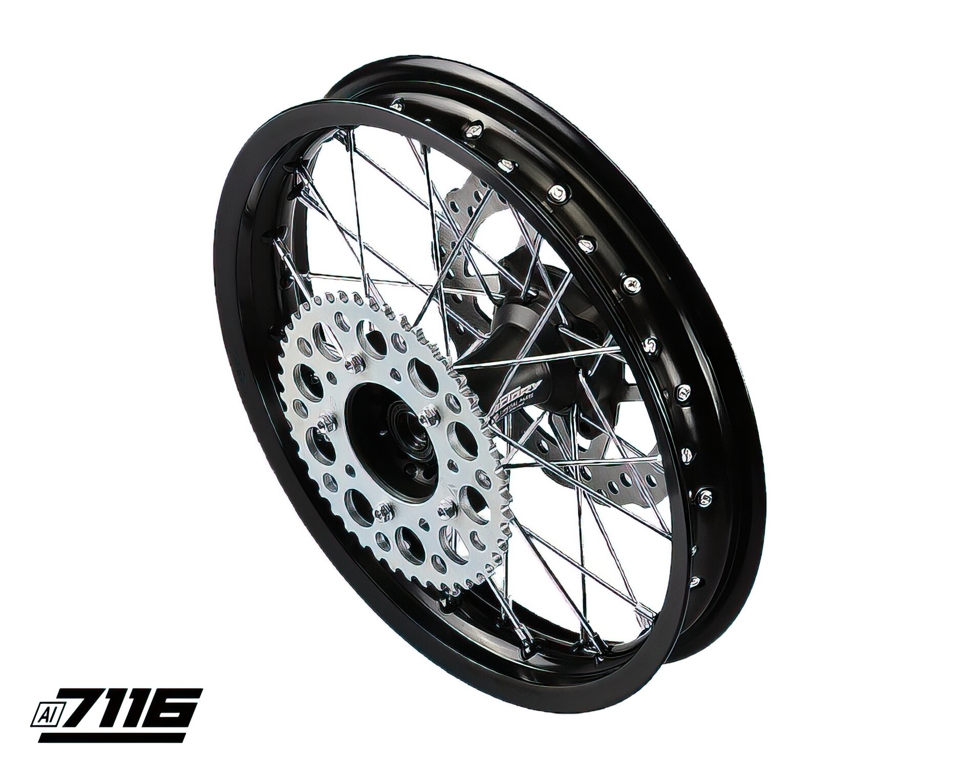Roue Ar. alu 1.85x14" - moyeu CNC noir avec disque et couronne YCF Factory Pit Bike