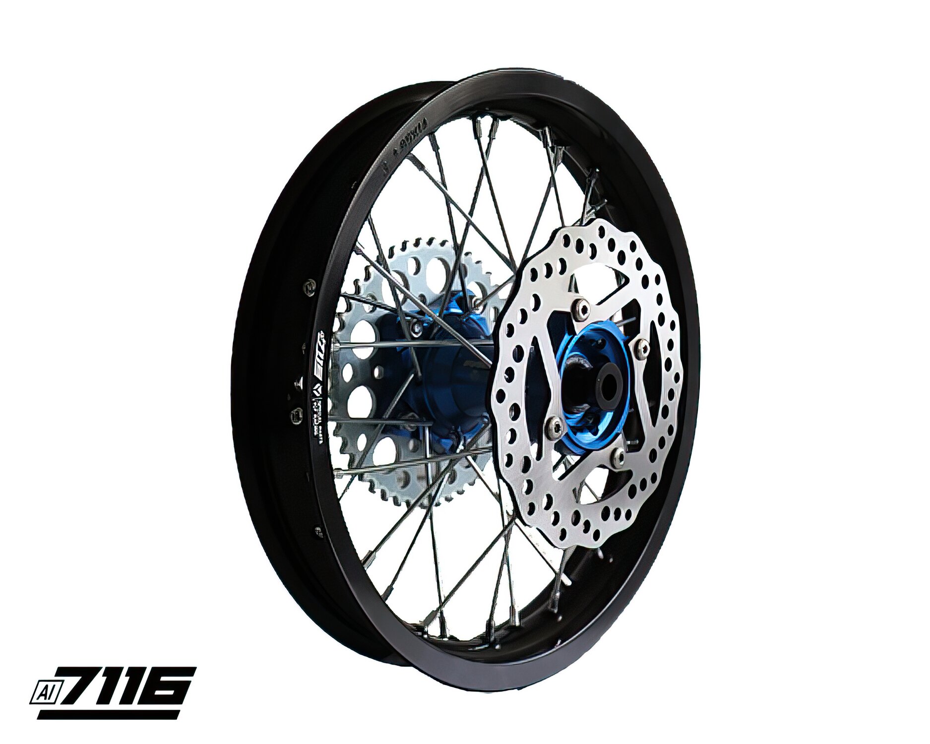 Roue Ar. alu 1.85x14" - moyeu CNC bleu avec disque et couronne YCF Factory Pit Bike