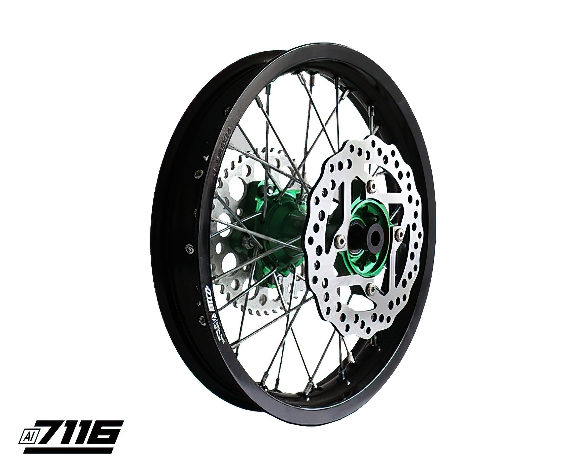 Roue Ar. alu 1.85x14" - moyeu CNC vert avec disque et couronne YCF Factory Pit Bike