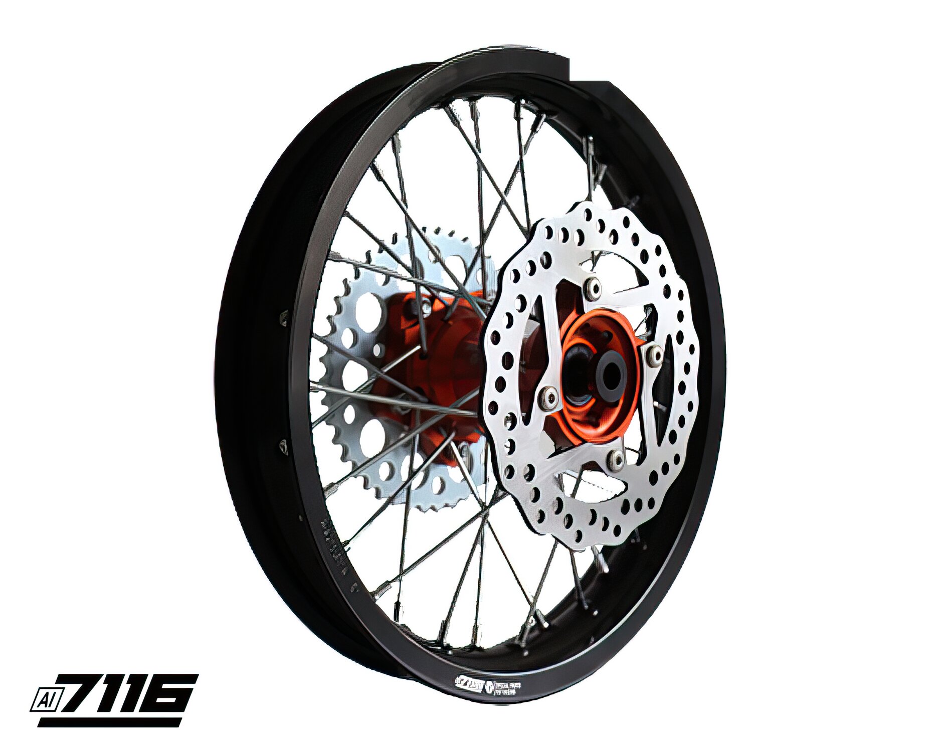 Roue Ar. alu 1.85x14" - moyeu CNC orange avec disque et couronne YCF Factory Pit Bike