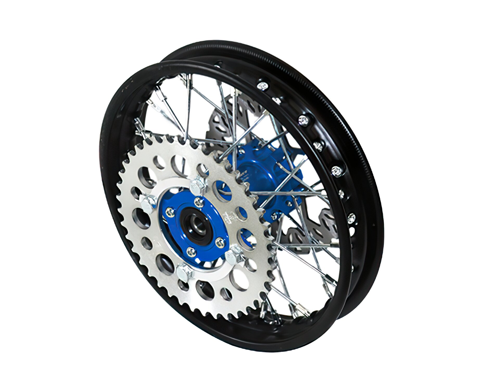 Roue arrière - moyeu CNC bleu avec disque et couronne Pit Bike YCF50A