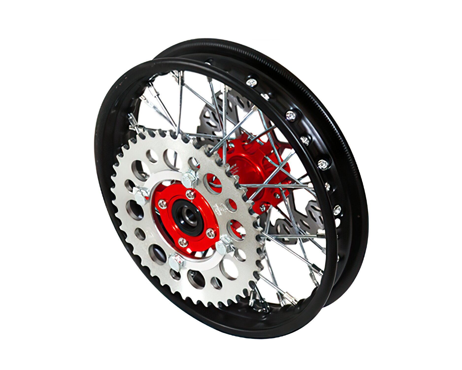 Roue arrière - moyeu CNC rouge avec disque et couronne Pit Bike YCF50A