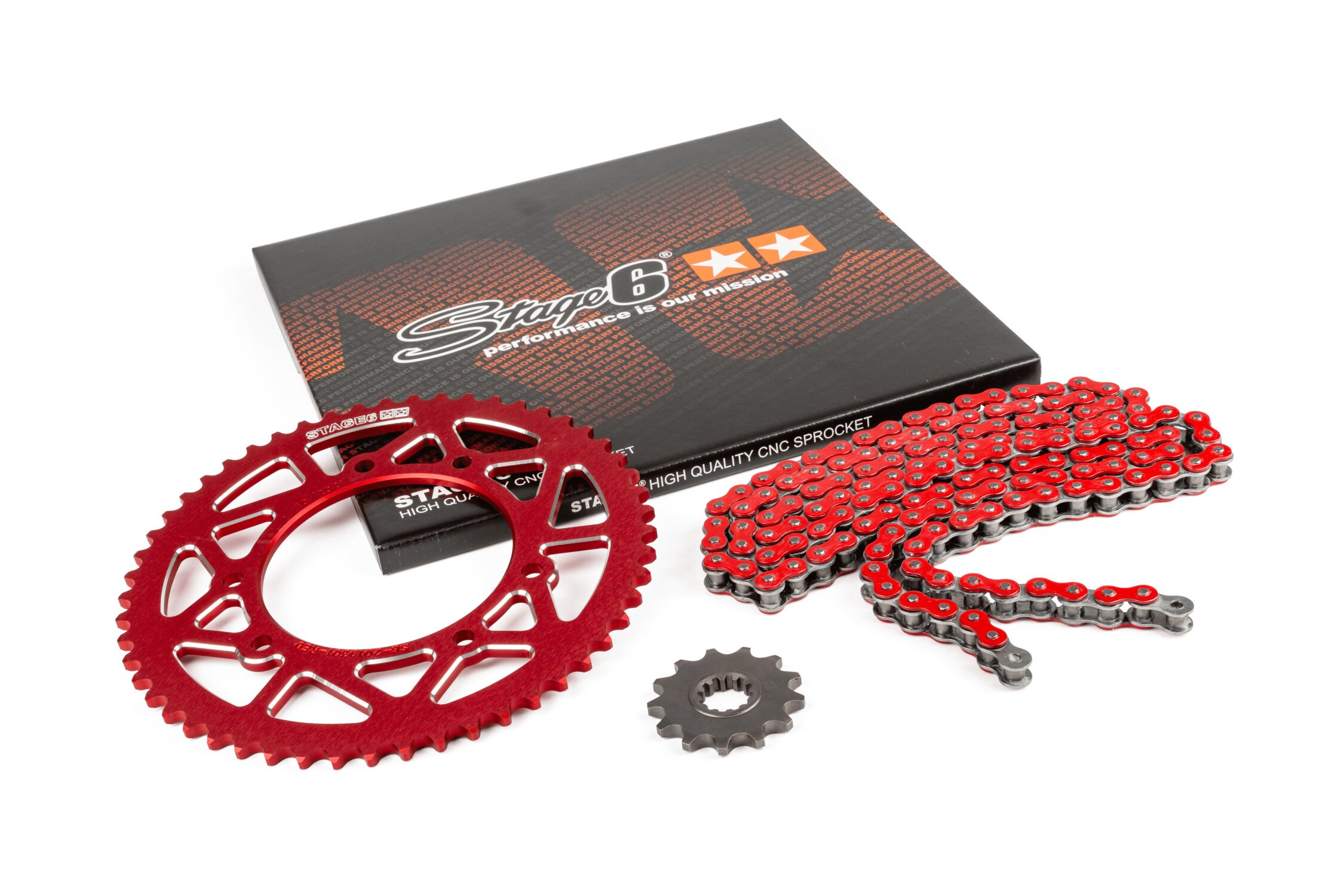 Kit chaîne 13x53 - 420 Stage6 alu CNC Rouge Rieju MRT