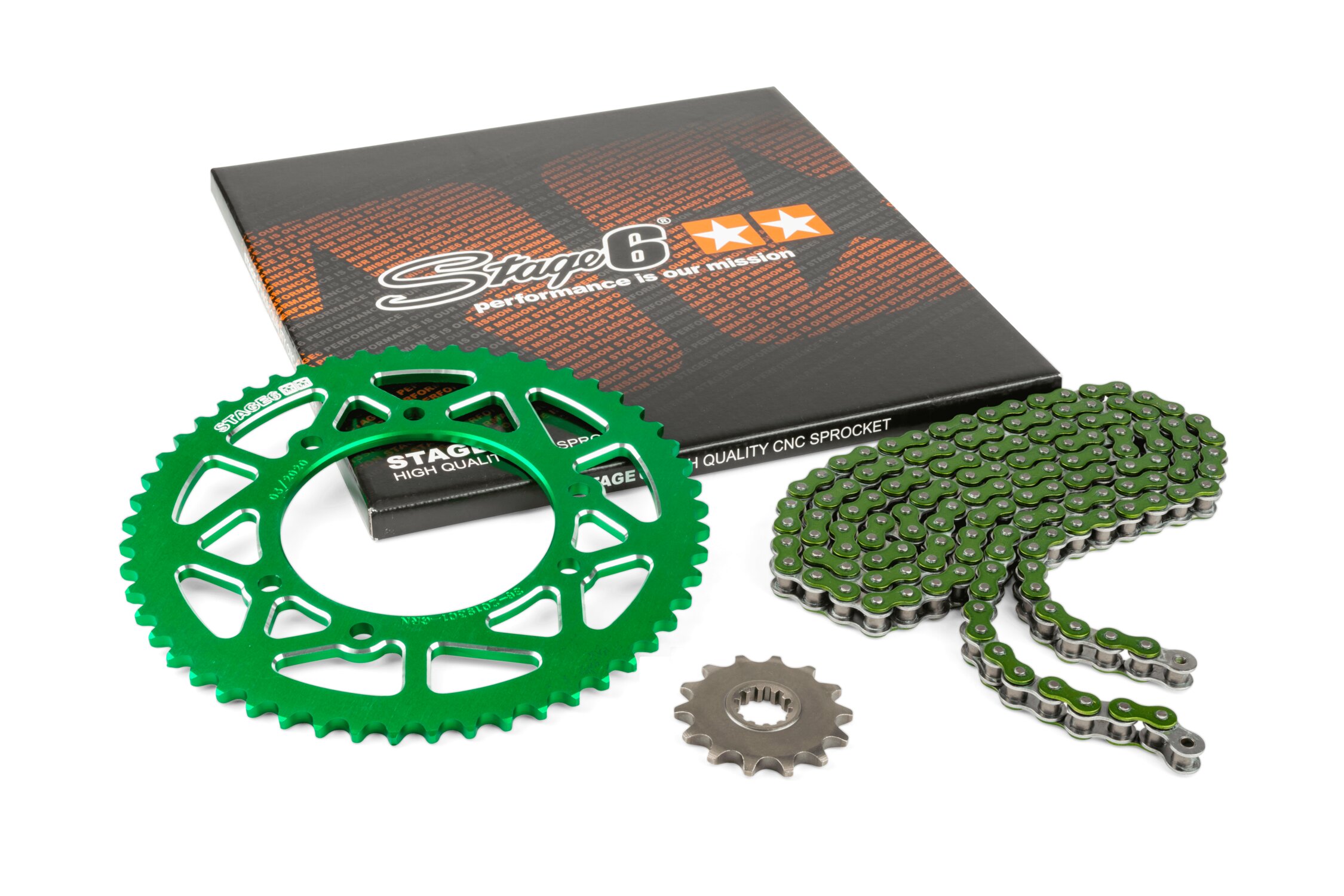Kit chaîne 13x53 - 420 Stage6 alu CNC Vert Rieju MRT